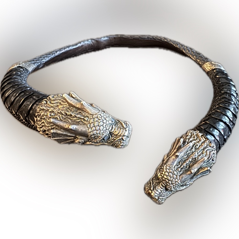 Double Dragon Torque Necklace Crocodile Leather & Sterling Silver. By Lou Guerin